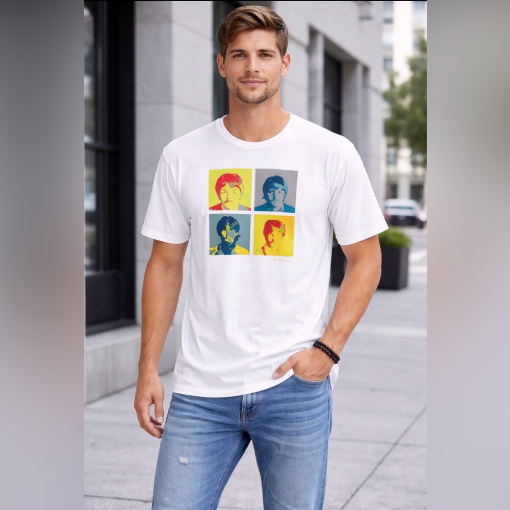 The Beatles Pop Art Graphic T-Shirt White XL Vintage Style Band Tee Unisex
